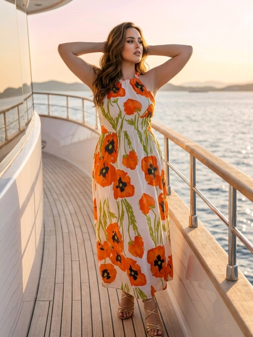 Floral Halter Maxi Dress - Orange Poppy Print